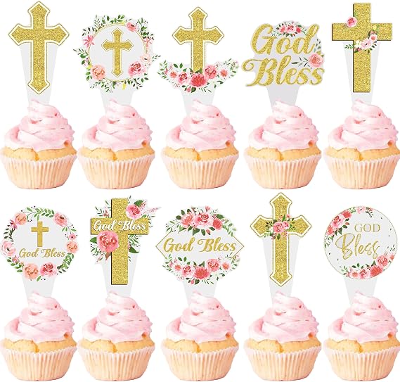 Floral God Bless Baptism Cupcake Toppers for Girls 48Pcs First Holy Communion Party Decorations Christian Cross Cupcake Picks for A Child of God Religious Easter Baby Shower Birthday Party Supplies