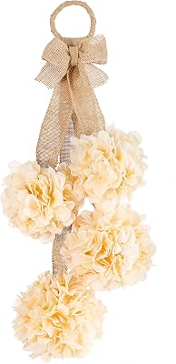 Ka Home Farmhouse Artificial Swag Flowers - Cream Hydrangea Door Swag with Burlap Ribbon Tie - Faux Pompom Flower Swag for Wall Decor or Front Door Accent - 23 inches
