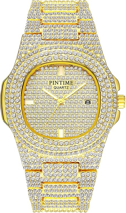 PINTIME Men's Diamond Watch Luxury Unisex Silver Gold Iced Out Bling CZ Crystal Fashion Quartz Women Wrist Watch, Gold, Quartz Wrist Watch