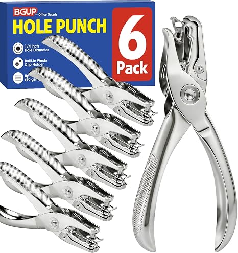 6 Pack Single Hole Punch, 1/4" Paper Hole Puncher with 8-Sheet Capacity for Crafts, Handheld Circle Hole Punch for Crafts, Tags, and Tickets