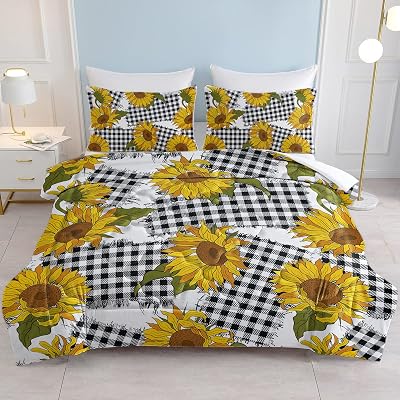 SOULZZZ Black Grid Sunflower Floral Comforter King Black and White Plaid Vintage Sunflower Bedding Set 1 Comforter 2 Pillow Shams
