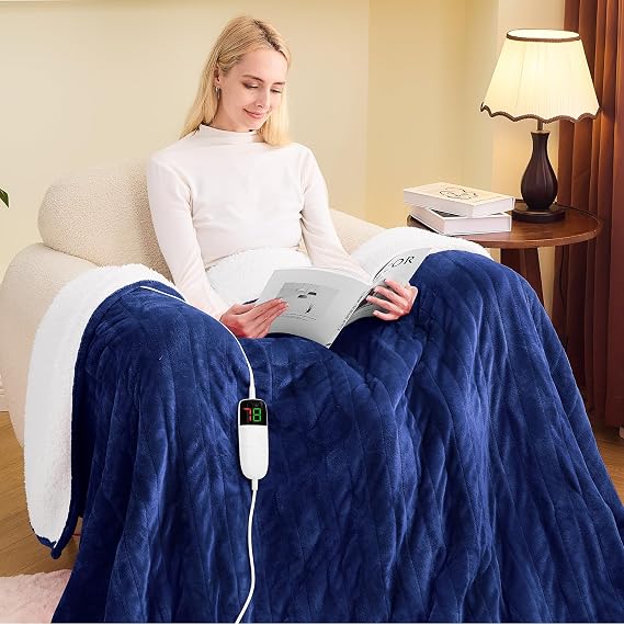greenoak Heated Blanket Electric Twin 62"X84", Heating Blanket with 10 Heat Levels 1/2/4/6/8 Hours Auto-Off Overheat Protection, Flannel Sherpa Soft Warm Heater, ETL & FCC Sea Blue