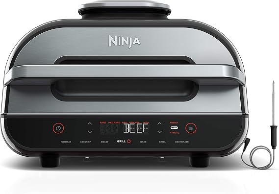 Ninja Foodi Smart XL 6-in-1 Indoor Grill & Air Fryer, Black/Silver, FG551 | Smart Cook System with built-in thermometer, XL capacity, perfect doneness, rare to well done. 6-in-1: Grill, Air Fry & more.
