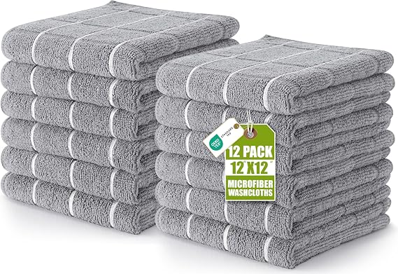 Utopia Towels 12 Pack Microfiber Fingertip Wash Cloths 12x12 Inch Grey