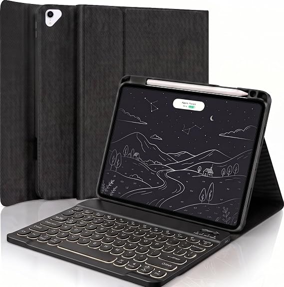 Keyboard Case for iPad 9.7 inch 2018 (6th Gen) / iPad 2017 (5th Gen) / iPad Air 2/1, 7 Color Backlit Detachable Bluetooth Color Keyboard Smart Folio Cover with Pencil Holder, Black