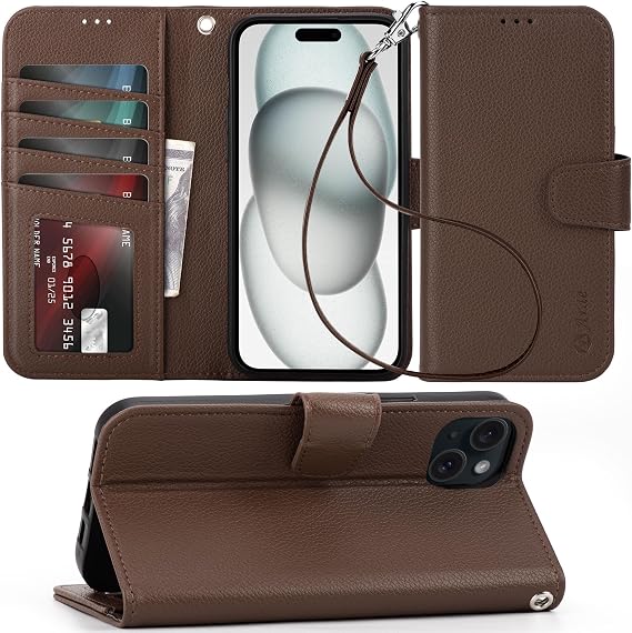 Arae Compatible with iPhone 15 Plus Case with Card Holder and Wrist Strap Wallet Flip Cover for iPhone 15 Plus 6.7 inch Men RFID Blocking Wristlet Kickstand,Litchi Brown