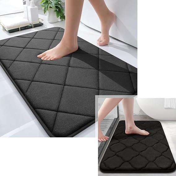 OLANLY Memory Foam Bathroom Rugs, Bath Rug Size 24x16+30x20 in Black, 2 Item Bundle