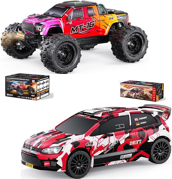 1/16 50MPH Brushless 4WD RC Truck and 1:12 RC Rally Car Fast Max 50 MPH 4X4,with 3S 2200 mAh Battery Remote Control Cars for Adults for 4WD,for Racetrack & Mud-Red