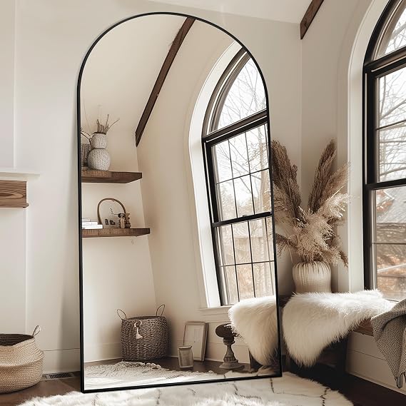Antok Oversized Full Length Mirror with Stand, 91"x46" Arched Floor Mirror, Aluminum Frame, Wall Mounted/Leaning/Free Standing, Large Body Mirror for Bedroom Living Room Entryway Dressing Room,Black