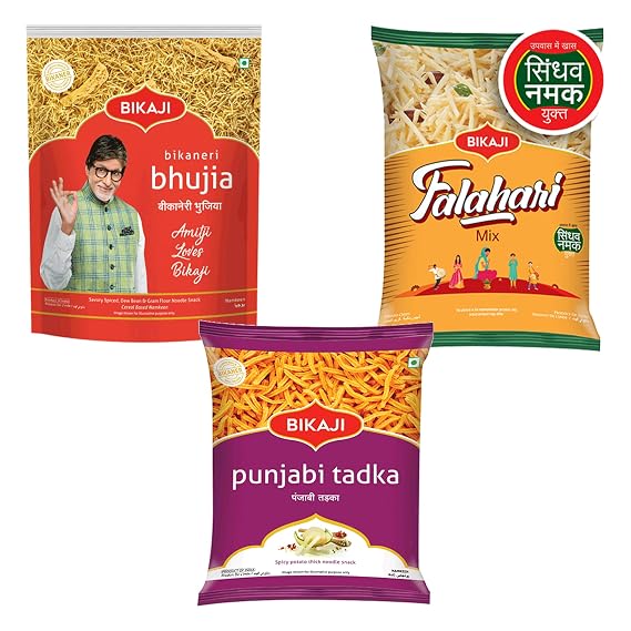 BIKAJI Indian Namkeen Mix Bhujia, Falhari Mix & Punjabi Tadka, 1400g