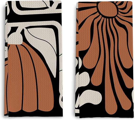 Black and White Floral Kitchen Towels, Retro 70s Groovy Hand Towels for Bathroom Decor, Modern Minimalist Botanical Dish Tea Towels for Kitchen Decor(1624 Set of 2)