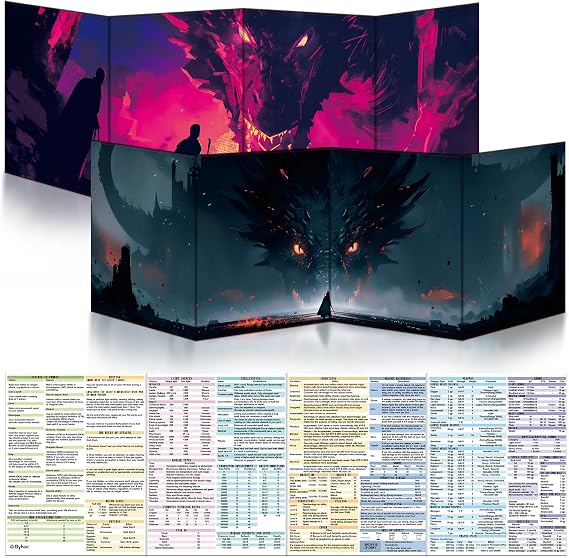 Byhoo 2 PCS DM Screen for D&D 5E with 2 Immersive Themes,Waterproof Reusable Surface, Tri-Fold Portable Design Folds to Approx. A4 Size DND Accessories Compatible with Players Handbook