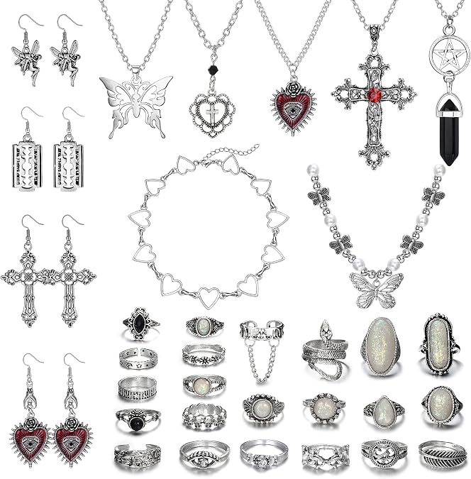 Subiceto 33Pcs Grunge Vintage Punk Necklace Earrings Rings Y2k Jewelry Set