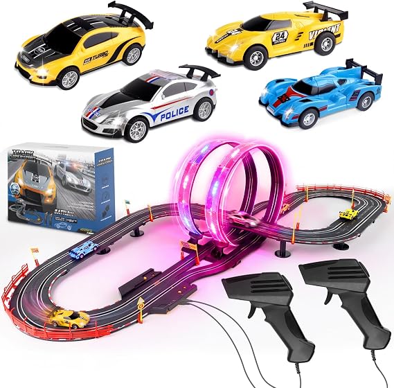 Slot Car Race Track Set for Boys, Electric Track with Light and 4 Slot Cars