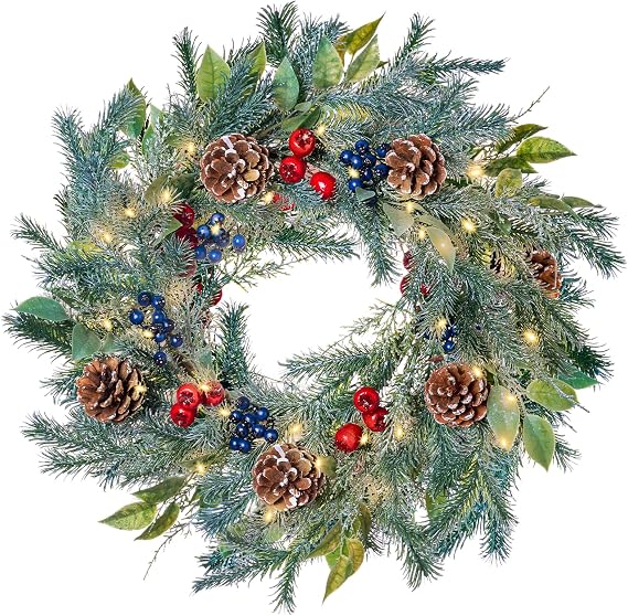 WDS WONDROUS 20 Inch Christmas Wreath with Lights, Christmas Wreath Green