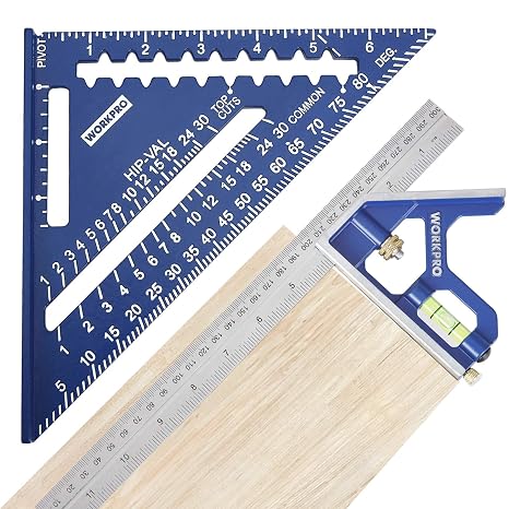 WORKPRO Aluminum Alloy Carpenter Square and Zinc-Alloy Square Ruler Set | 12" Combination Square with Stainless Steel Rule, 7" Rafter Square with Deep-Engraved White Markings, Woodworking & Carpentry