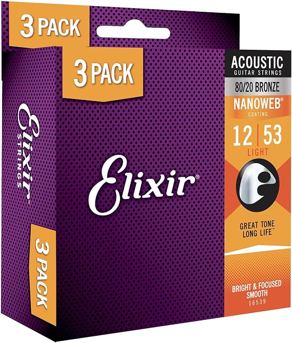 Elixir Strings, Acoustic Guitar Strings, 80/20 Bronze with NANOWEB Coating, Longest-Lasting Bright and Focused Tone with Comfortable Feel, 6 String Set, 3 Pack, Light 12-53
