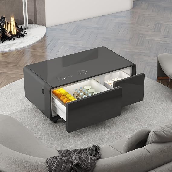 SOFTSEA Smart Coffee Table with Fridge and Freezer Drawer, Smart Refrigerator Table with Touch Control Panel and USB Ports, Black