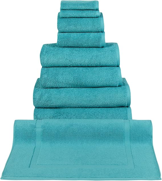 Classic Turkish Towels CTT - 9 Piece Premium Towel Set, 100% Turkish Cotton, Highly Absorbent & Comfy, Includes 2 Bath Towels, 2 Hand Towels, 2 Washcloths, 2 Bath Sheets & 1 Bath Mat | (Aqua)