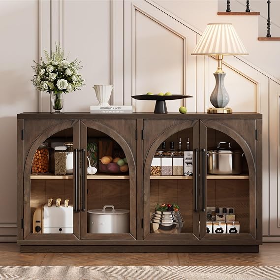 VilroCaz Wood Accent Buffet Sideboard Serving Storage Cabinet with Glass Doors and Adjustable Shelves, Retro Entryway Console Table TV Stand for Kitchen Living Room Espresso-78