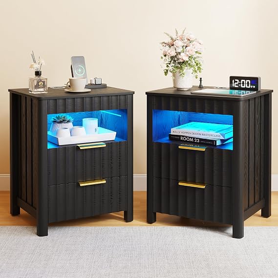 Dystler Nightstand Set 2 with Charging Station and Spacious Storage, Black