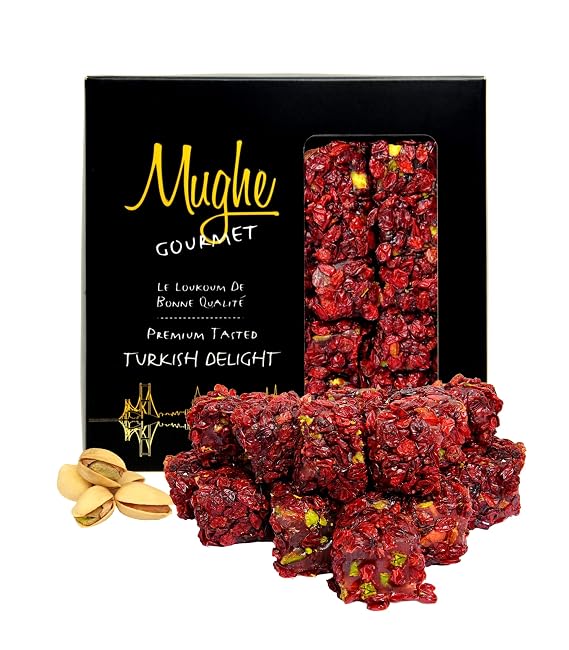 Mughe Gourmet Luxury Zereshk Barberry Pistachios Turkish Delight with Pomegranate Flavor 360g-20pc - Gourmet Gift Box - Sweet and Sour Zereshk Grape Pistachio Coating - Ideal for Fathers Day, Birthday