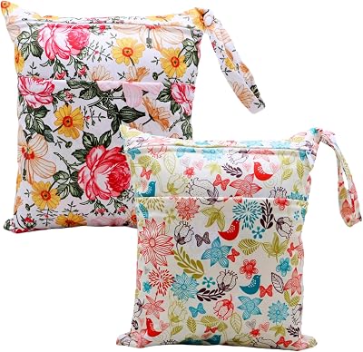 2pcs Cloth Diaper Wet Dry Bags Waterproof Reusable with Two Zippered Pockets Travel Beach Pool Daycare Soiled Baby Items Yoga Gym Bag for Swimsuits or Wet Clothes 3036-2-butterflyflower