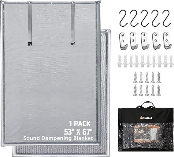 Soundproof Curtains 53" x 67" Acoustic Sound Barrier Dampening Blanket for Doors & Windows, Noise Blocking Blackout Curtain, Use for Recording Studio Home Office, Gray