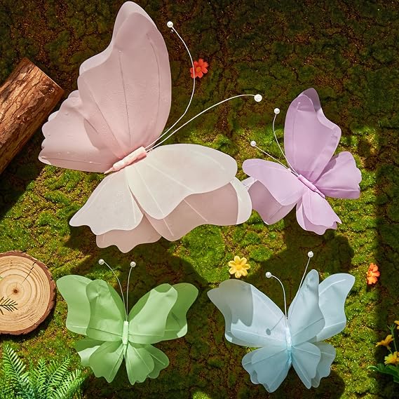 SUNBEAUTY Butterfly Party Decorations, 3D Butterflies, Water Proof Wedding Decor, Hanging Butterflies for Baby Shower Birthday Decor Party Girls, Women, PET Plastic Butterfly for Wall Decor, Set of 4