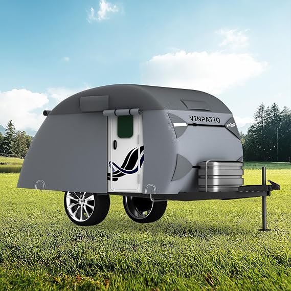 2025 Upgrade Teardrop Camper Cover - 7 Layers Top Heavy Duty 3000 Pa Waterproof with Windproof Strap, RV Cover (Fits 8-10FT)