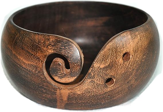 Premium Solid Dark Handmade Crafted Wooden Portable Antique Yarn Storage Bowl - Holder for Knitting Crochet Hook Accessories (6" x 6" x 3", Antique Copper)