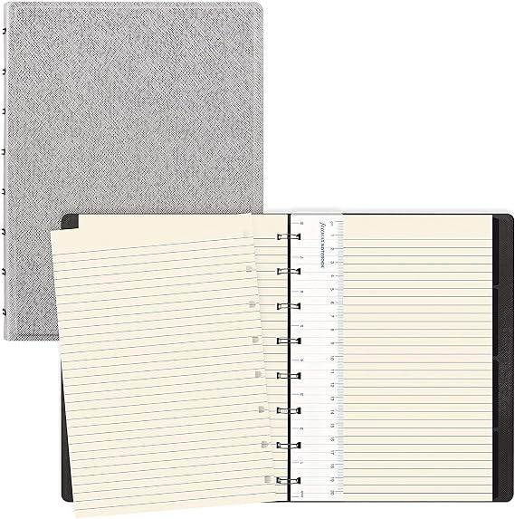 Filofax B115076U Refillable Saffiano Metallic Notebook, A5 Size, 112 Cream colored moveable pages. Includes 4 Indexes (one with pocket) and page marker, Silver