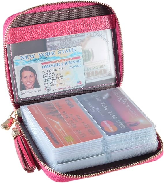 Easyoulife Womens Credit Card Holder Wallet Zip Leather Card Case RFID Blocking (Rose)