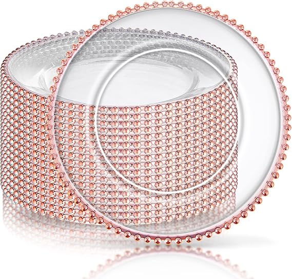Zopeal 18 PCS Clear Charger Plates with Beaded Rim 13 Inch Plastic Round Charger Plates Bulk for Dinner Home Kitchen Wedding Party Tabletop(Rose Gold)