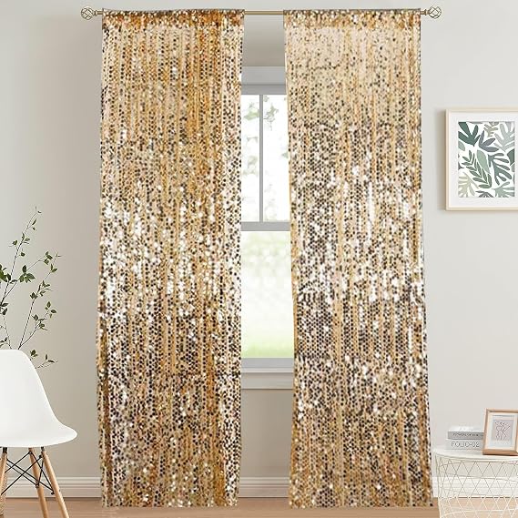 HH 9x9FT Big Gold Sequin Payette Backdrop Curtains Panels, Shimmer Sequin Photography Backdrop for Wedding Party Christmas Decoration