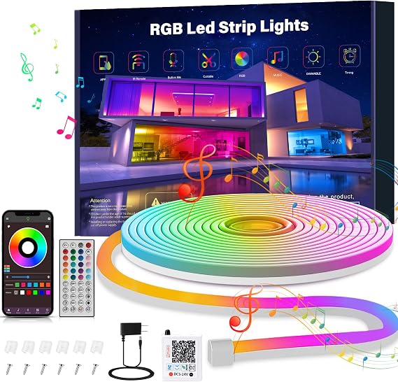 Ledagic 10ft RGB Led Neon Rope Lights, Remote App Control Led Rope Lights | IP65 Waterproof Neon Strip Lights for Outdoor Music Sync, DIY Design Flexible Led Lights 10 ft, Led Strip Lights for Bedroom