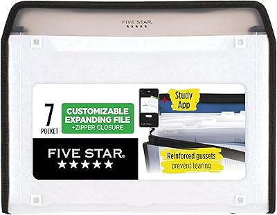 Five Star Expanding File Organizer  Study App, 7-Pocket Accordian File Organizer, Zipper Closure, Holds 8-12 x 11 Paper, White 350099E-ECM
