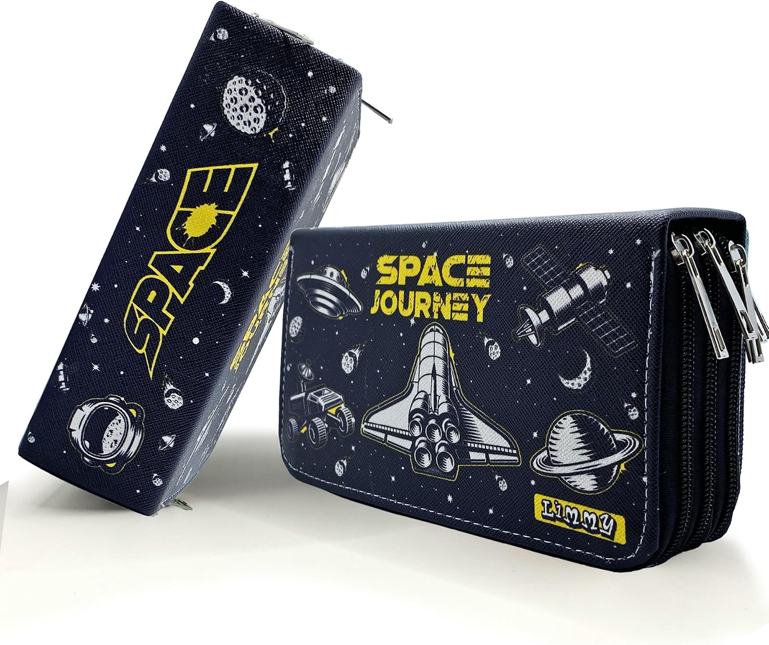 Limmy Pencil Case Black Shuttle Space Kawai Organizer Pencil Case Vegan Leather Three Compartment Pen Holder Black