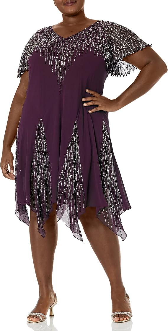 J Kara Women's Plus Size Short Beaded Dress