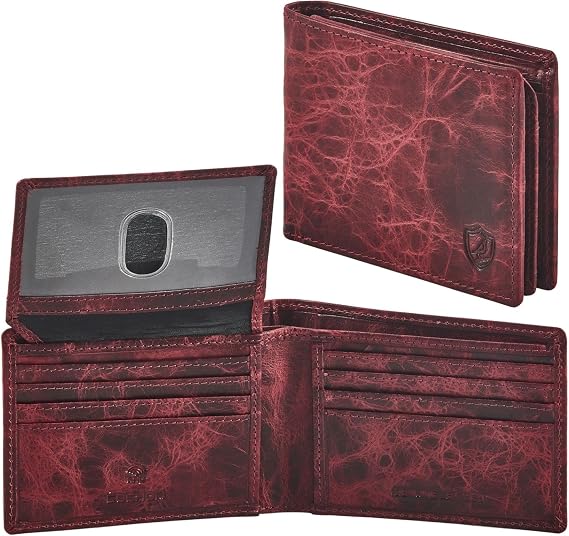 Wallet for Men Slim RFID Blocking Genuine Leather Bifold with 2 ID Windows | Minimalist, Stylish, Gift Box, Carteras Para Hombres, Billfold, Credit Card, Currency Compartment (DISTRESSED, WINE)