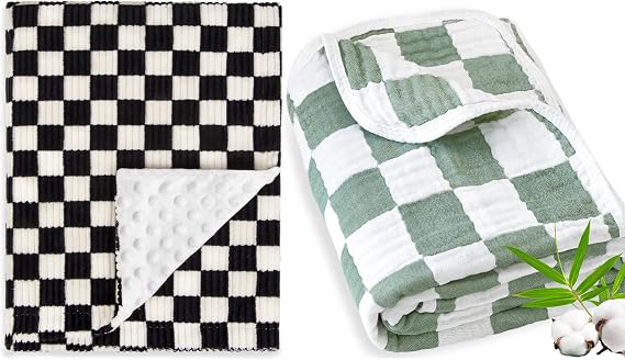 2 Pack Checkerboard Baby Blanket for Boys Black 30x40 Inches + Muslin Baby Blanket Neutral Versatile 6 Layers Sage Checkered 43 x 43 Inches