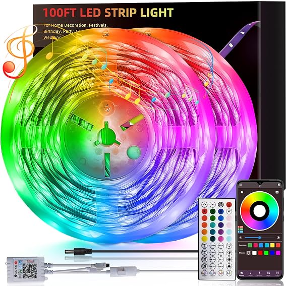 HBOWMDJIA 100ft Led Lights for Bedroom, Led Strip Lights Music Sync Corlor Changing, Led Light Strip with Remote & App Control RGB Strip, Led Lights for Room Dorm Home Classroom Ceiling Decor