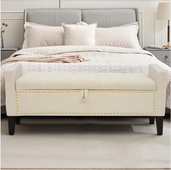 Storage Ottoman Bench, Velvet Upholstered Footstool, Beige