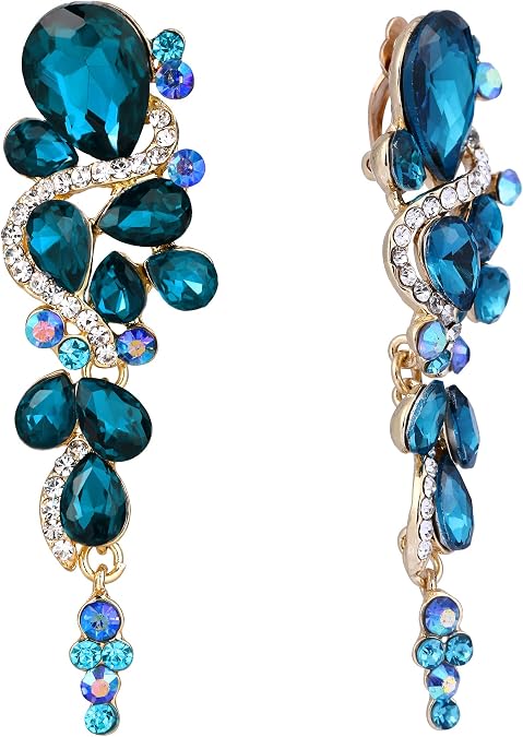 BriLove Wedding Bridal Clip-On Earrings for Women Bohemian Boho Crystal Multiple Teardrop Chandelier Dangle Jewelry Blue Topaz Color Gold-Toned
