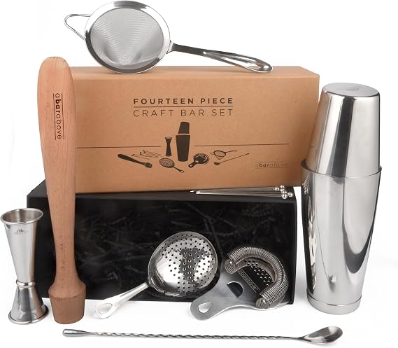 A Bar Above Stainless Steel Bartender Kit, Craft Bar Tool Set, 14 Piece | Barware Bundle for Home Bars and Mixologists, Includes Shaker, Jigger, Spoon, Strainers, Muddler, Picks, Bar Cart, Great Pick