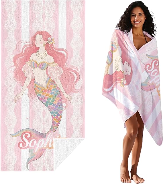 JML Personalized Custom Beach Towel, Stripes Mermaid, Printed in USA, 30 x 60 inches, Quick Dry & Absorbent Customized Microfiber Swim Towel for Summer Holiday, Pool Party, Birthday, Anniversary