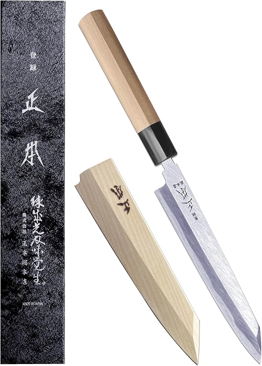 MASAMOTO KS Japanese Kiritsuke Yanagiba Sushi Knife with Sheath 6.5" (165mm) [HONBAZUKE] Made in JAPAN, Professional Sashimi Knife, Ultra Sharp Carbon Steel Blade, Wood Wa Handle, Black Ferrule