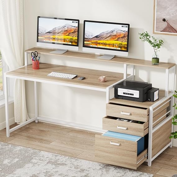 Tribesigns 63 Inch Computer Desk with File Drawer Cabinet, Home Office Desk | Ergonomic Office Desk with Monitor Stand, Industrial Computer Table with Printer Space, PC Table Workstation Desk