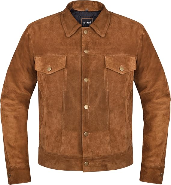 Deckra Premium Suede Leather Jacket Men Vintage Cowskin Leather Multi Pockets Casual Trucker Collared Coat Winter
