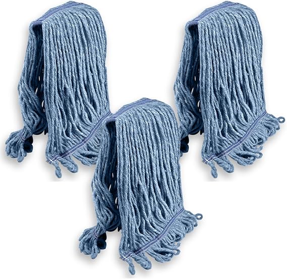 KLEEN HANDLER Heavy Duty Commercial Loop End Mop Head Replacement, 3 Pack | Wet Industrial Cotton Looped-End String Mop Head Refill with Universal Headband for General Floor Cleaning
